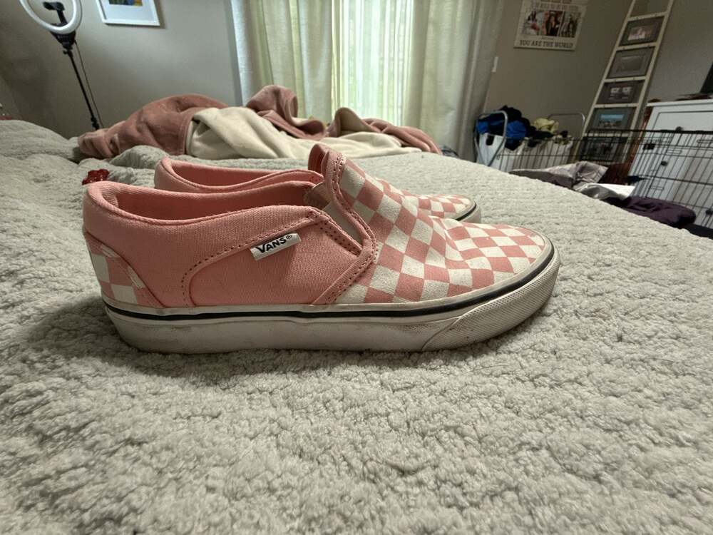 Vans Asher Checkerboard Pink and White Slip-On Sneakers